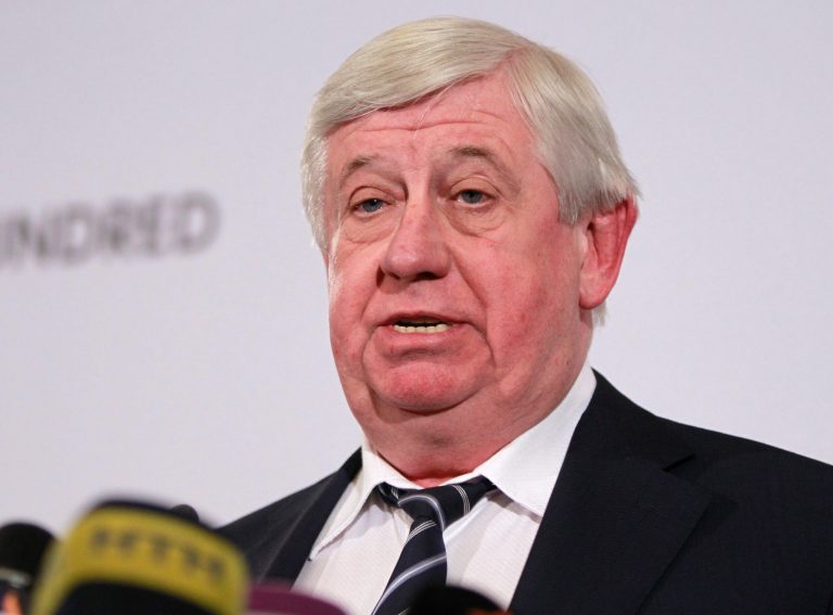 FILE - In this Feb. 16, 2015 file photo, General Prosecutor of Ukraine Viktor Shokin speaks during news conference in Kiev, Ukraine. (AP Photo/Sergei Chuzavkov, File)