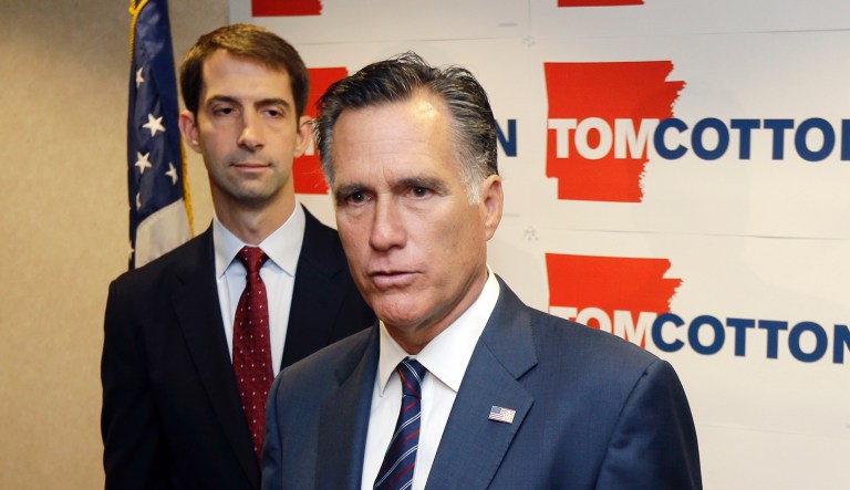 Former Republican Presidential candidate Mitt Romney, right, speaks at a  North Little Rock, Ark., news conference Thursday, Aug. 21, 2014, as he endorses U.S. Rep. Tom Cotton, R-Ark., left, in the race for U.S. Senate. 