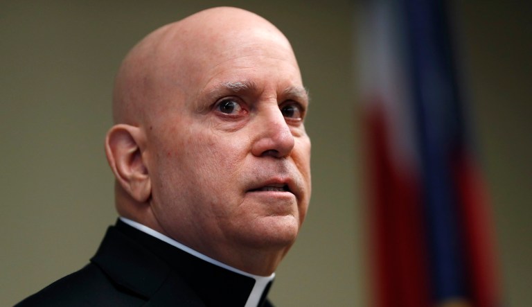 Samuel Aquila, archbishop of the Denver diocese of the Roman Catholic Church, speaks about the plan to have a former federal prosecutor review the sexual abuse files of Colorado's Roman Catholic dioceses at a news conference Tuesday, Feb. 19, 2019, in Denver. (AP Photo/David Zalubowski)