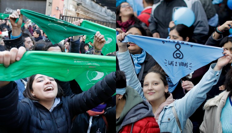 A protester in favor of abortion rights in Argentina is shown on the left; a protester against abortion rights in Argentina is shown on the right.
