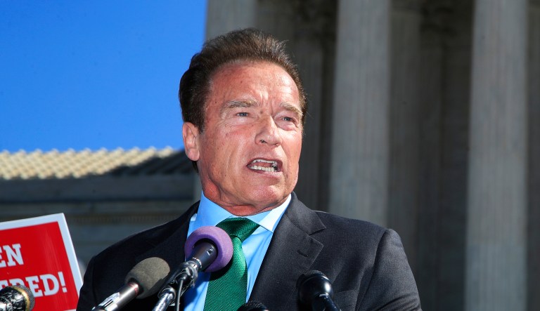 Former California Gov. Arnold Schwarzenegger speaks at a rally outside the U.S. Supreme Court in Washington, Tuesday, Oct. 3, 2017. The Supreme Court heard arguments in a case about political maps in Wisconsin that could affect elections across the country.