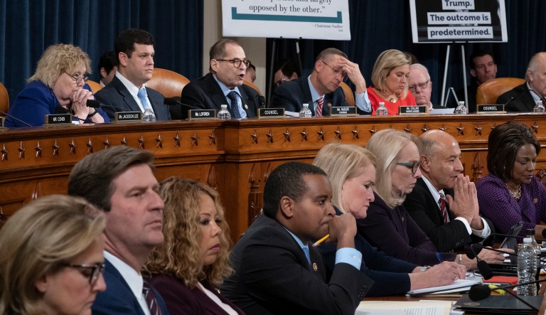 House Judiciary Committee Chairman Jerrold Nadler, D-N.Y., top center, and Rep. Doug Collins, R-Ga., the ranking member, right, makes his opening statement during a markup of the articles of impeachment against President Donald Trump, on Capitol Hill in Washington, Wednesday, Dec. 11, 2019.