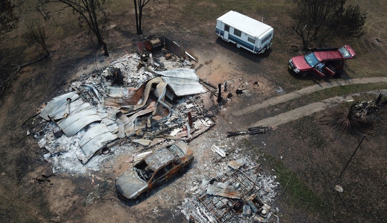 The home of Lyle Stewart is razed to the ground at Nerrigundah, Australia, Monday, Jan. 13, 2020, after a wildfire ripped through the town on New Year's Eve.