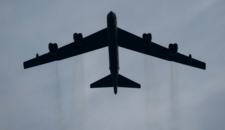 A B-52 Stratofortress conducts a flyover during a âSalute to Americaâ event on the South Lawn of the White House, Saturday, July 4, 2020, in Washington.