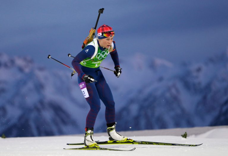 Norway's Tiril Eckhoff skis during the mixed biathlon relay at the 2014 Winter Olympics, Wednesday, Feb. 19, 2014, in Krasnaya Polyana, Russia. (AP Photo/Felipe Dana)