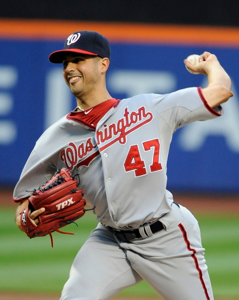 Washington Nationals starting pitcher Gio Gonzalez (47) throws against the New York Mets in the first inning of a baseball game, Tuesday, July 24, 2012, at Citi Field in New York. (AP Photo/Kathy Kmonicek)