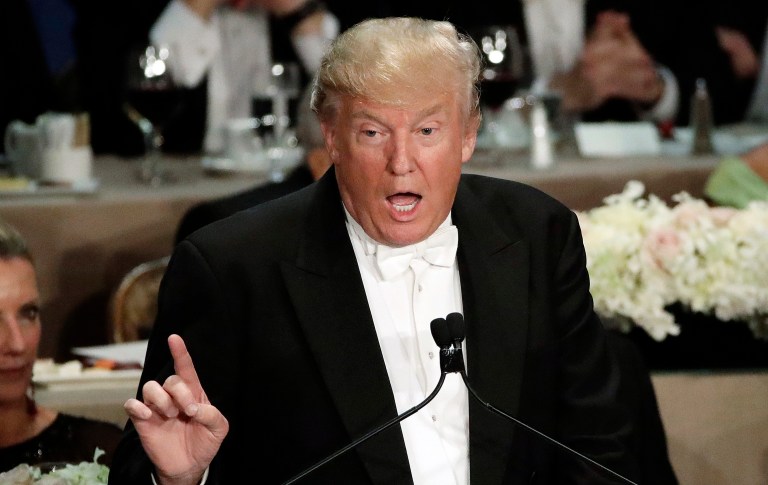 Republican presidential candidate Donald Trump speaks at the 71st Annual Alfred E. Smith Memorial Foundation Dinner Thursday, Oct. 20, 2016, in New York. (AP Photo/Frank Franklin II)