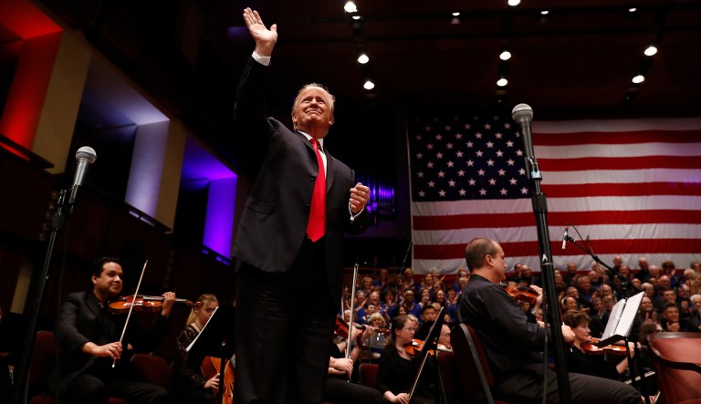 President Donald Trump waves to the audience as he arrives to speak during the Celebrate Freedom event at the Kennedy Center for the Performing Arts in Washington, Saturday, July 1, 2017. (AP Photo/Carolyn Kaster)