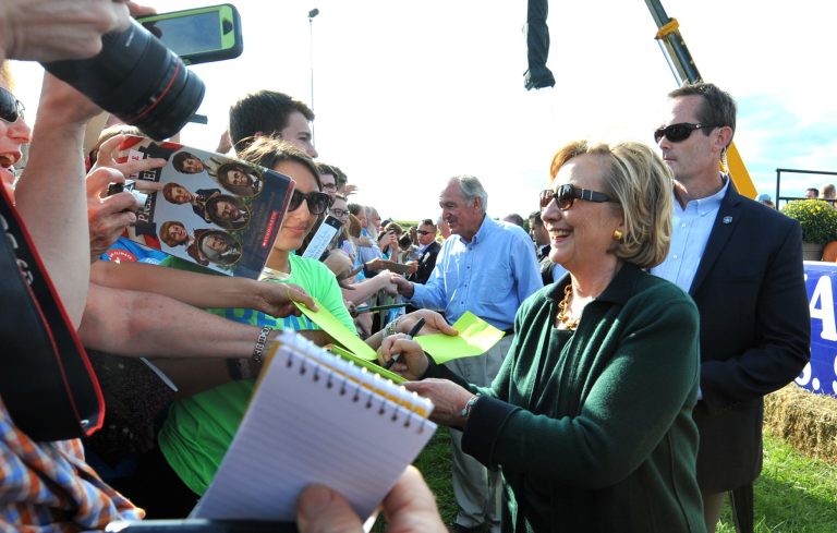 Hillary Clinton signs autographs and greets supporters after speaking in Indianola, Iowa on Sunday. (Getty images/Steve Pope)