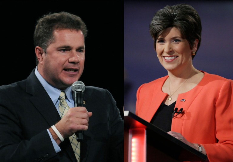 Iowa Republican Senate candidate Joni Ernst leads her Democratic opponent Bruce Braley by one percentage point, according to a new poll. (AP Photos)