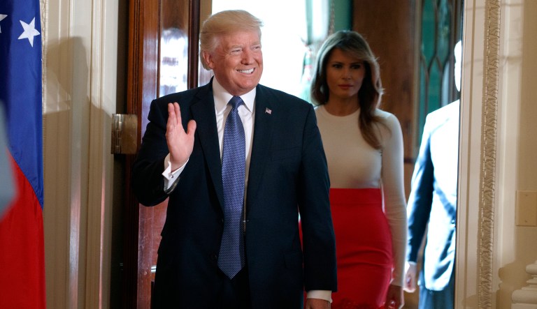 President Trump hosted a friendly crowd Friday at the White House in celebration of Hispanic Heritage Month, engaging only supportive heckling as he praised Mexico's president and the people of Puerto Rico. (AP Photo/Evan Vucci)