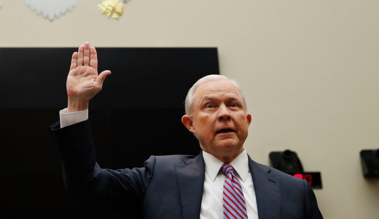 Attorney General Jeff Sessions said that President Trump's comments have not influenced the Justice Department. But he did agree, however, that it would be improper for any president to use the Justice Department to retaliate against political opponents. (AP Photo/Alex Brandon)
