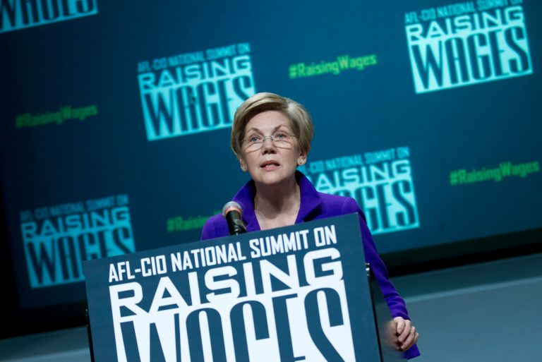 Sen. Elizabeth Warren, D-Mass., speaks about raising wages during the forum AFL-CIO National Summit, Wednesday, Jan. 7, 2015, at Gallaudet University in Washington. (AP Photo/Jose Luis Magana)