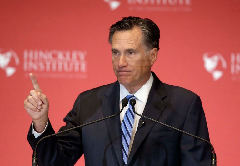 Former Republican presidential candidate Mitt Romney has ordered his top advisers to find a way to block Donald Trump from being nominated at the convention. (AP Photo/Rick Bowmer)