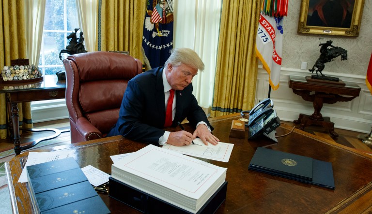 Save for a major disaster, let's grade President Trump's performance based on his top four campaign promises and how he's fared in his first year delivering on them. (AP Photo/Evan Vucci)