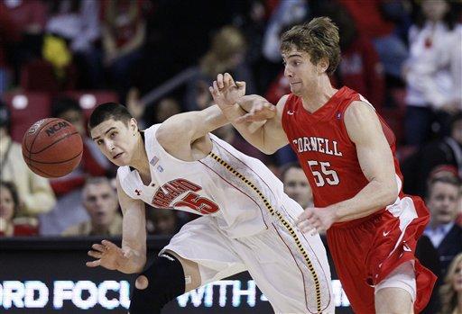 Maryland center Alex Len, left, of Ukraine, and Cornell forward Eitan Chemerinski struggle for possession of the ball in the first half of an NCAA college basketball game in College Park, Md., Tuesday, Jan. 3, 2012.