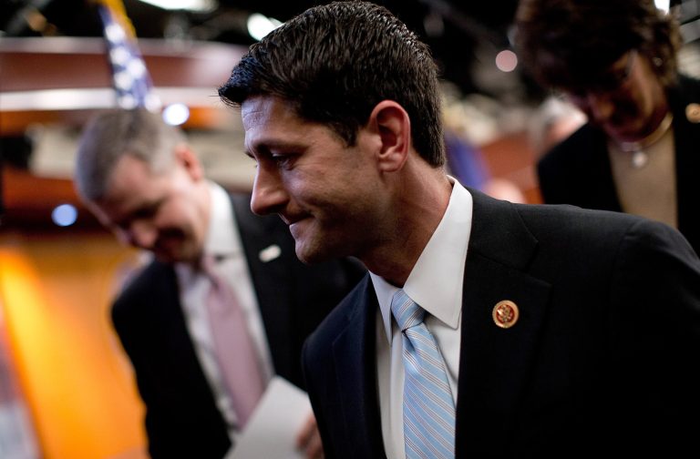 WASHINGTON, DC - MARCH 12:  Rep. Paul Ryan (R-WI), Chairman of the House Budget Committee, joins with other members of the committee as he departs a press conference at the U.S. Capitol where he unveiled his budget plan on March 12, 2013 in Washington, DC. U.S. President Barack Obama is scheduled to meet with both Republican and Democratic caucuses this week about the budget, starting today with the Senate Democrats.  (Photo by Win McNamee/Getty Images)