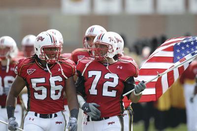 Rob Carr/AP
Maryland's Joe Vellano, right, entered Saturday averaging 7.4 tackles a game, tied for most among down linemen in the FBS.