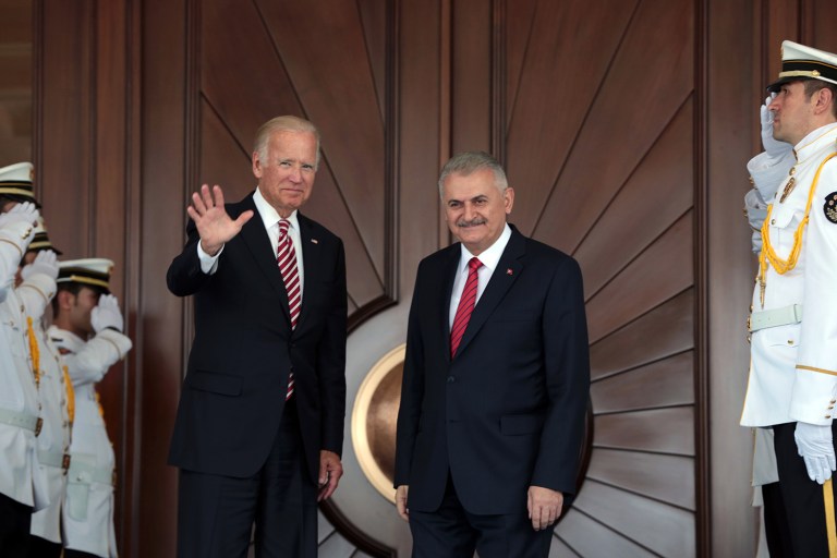 U.S Vice President Joe Biden has arrived in Ankara for talks with Turkish leaders as Turkey launched a military operation to clear a Syrian border town of Islamic State militants. (AP Photo/Burhan Ozbilici)