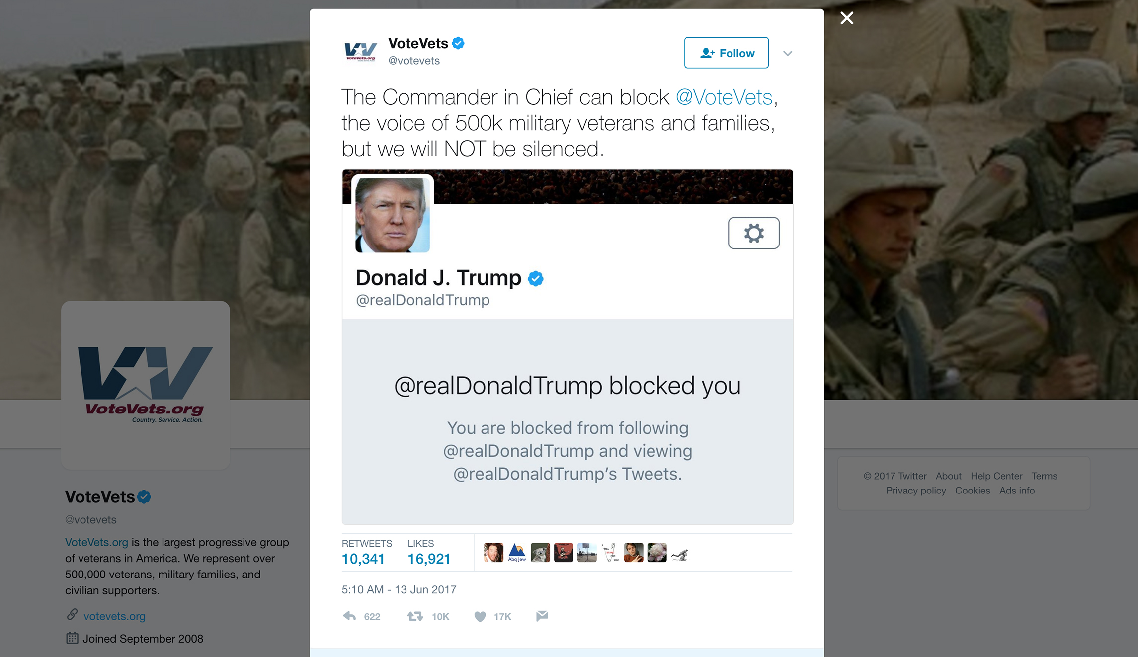 Progressive veterans group blocked by Trump on Twitter