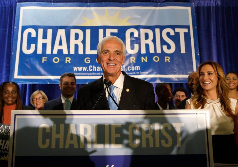 Former Republican Gov. Charlie Crist smiles while speaking to supporters at a victory party after Florida's primary election, Tuesday in Fort Lauderdale, Fla. (AP/Wilfredo Lee)