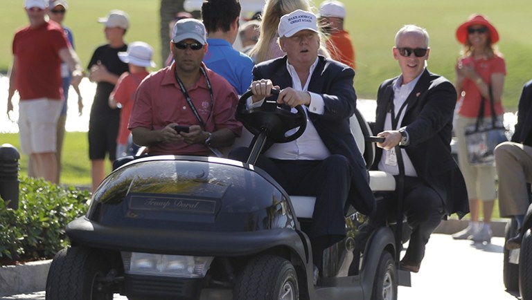 President Trump has made at least 19 trips to a golf course since taking office on Jan 20. (AP Photo/Luis Alvarez, File)