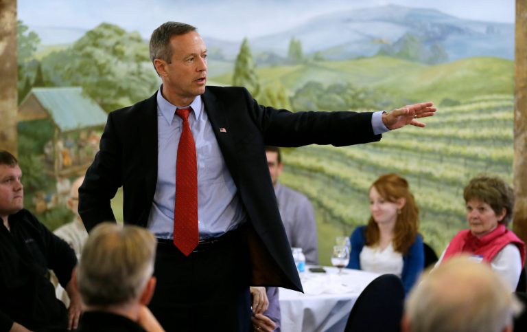 Former Maryland Gov. Martin O'Malley speaks to local residents during a fundraiser for state Rep. Scott Ourth, D-Ackworth, Thursday, April 9, 2015, in Indianola, Iowa. (AP Photo/Charlie Neibergall)