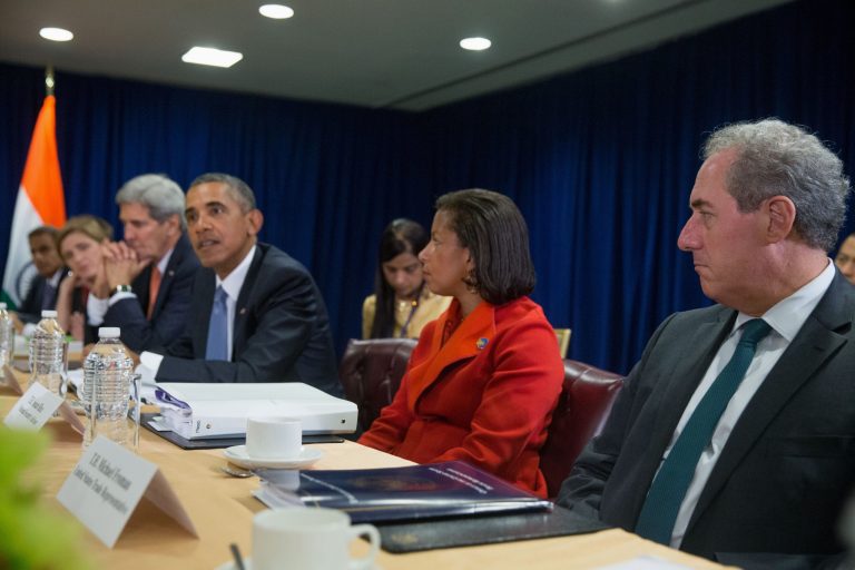 President Obama, accompanied by Secretary of State John Kerry, third from left, and Trade Representative Michael Froman, right, speaks at United Nations headquarters. (AP Photo/Andrew Harnik)