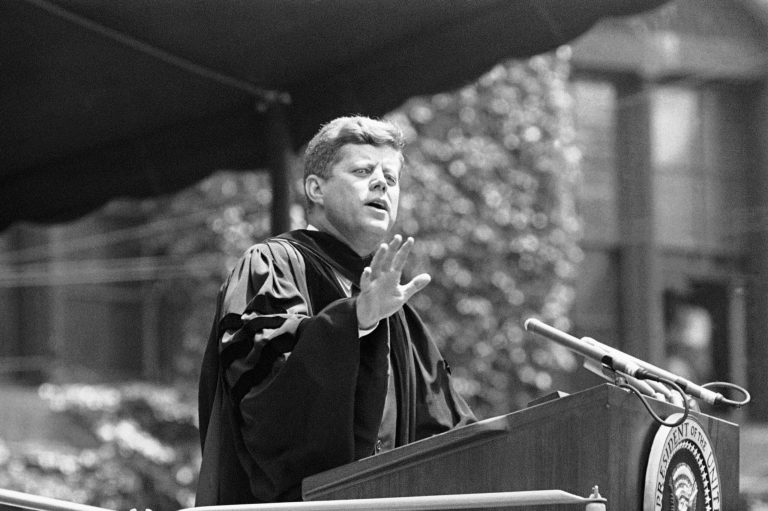 President John F. Kennedy wearing academic robe in New Haven, Conn., on June 11, 1962, after receiving Yale's Doctor of Laws degree. (AP)