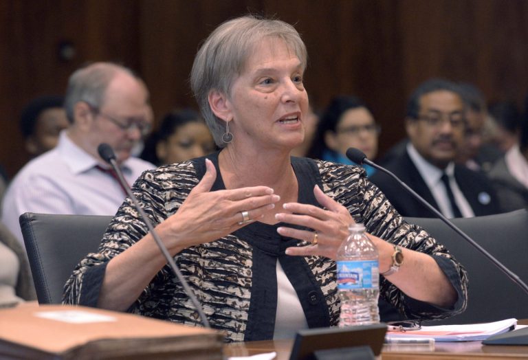 Barbara Shaw, the former agency head of Illinois Gov. Pat Quinn's, Neighborhood Recovery Initiative, answers questions about the troubled anti-violence program before a legislative committee, Wednesday, Oct. 8, 2014, in Chicago. The former Illinois Violence Prevention Authority Executive Director spoke publicly for the first time about the now-defunct program, spending more than five hours detailing how the program was run, while the GOP seized on 2010 emails from Quinn's former chief of staff released to the commission mentioning the program in the context of the competitive 2010 election. (AP Photo/Sun-Times Media, Brian Jackson)  MANDATORY CREDIT, MAGS OUT, NO SALES