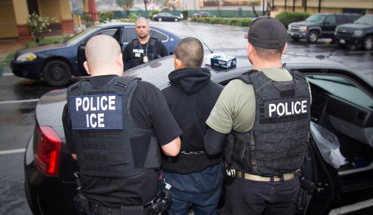 In this photo, foreign nationals are arrested during a targeted enforcement operation conducted by U.S. Immigration and Customs Enforcement aimed at immigration fugitives, re-entrants and at-large criminal aliens in Los Angeles. (Charles Reed/U.S. Immigration and Customs Enforcement via AP)