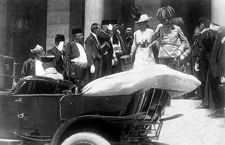 ONE OF ONE HUNDRED PHOTOS WORLD WAR ONE CENTENARY TIMELINE FILE - In this June 28, 1914 file photo, the Archduke of Austria Franz Ferdinand, center right, and his wife Sophie, center left, walk to their a car in Sarajevo. This photo was taken minutes before the assassination of the Archduke and his wife, an event which set off a chain reaction of events which would eventually lead to World War One. (AP Photo, File)