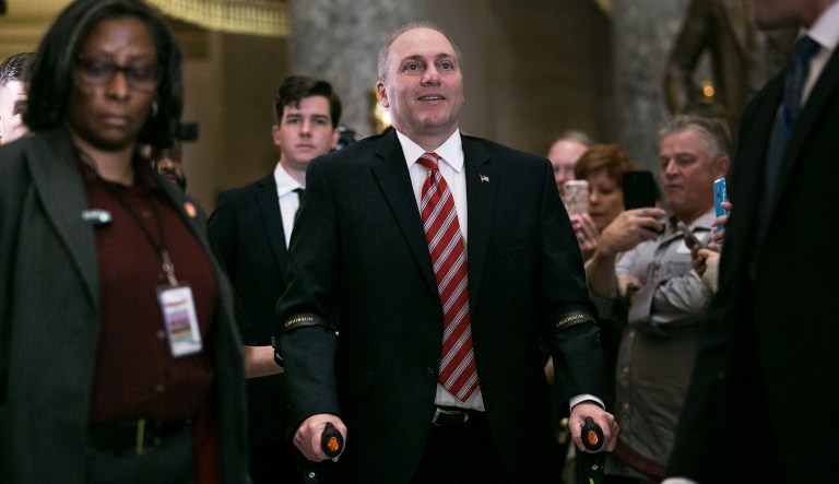 House Majority Whip Steve Scalise, R-La., received a standing ovation from House members as he made an emotional return to Congress on Thursday, three months after being shot at a congressional baseball practice game. (Graeme Jennings/Washington Examiner)