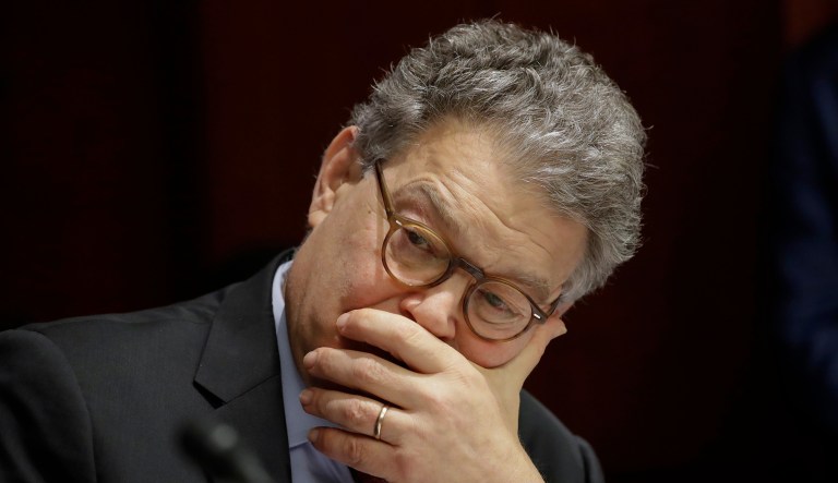 Sen. Al Franken, D-Minn., apologized Thursday after a Los Angeles radio anchor accused him of forcibly kissing her during a 2006 USO tour and of posing for a photo with his hands on her breasts as she slept. (AP Photo/J. Scott Applewhite)