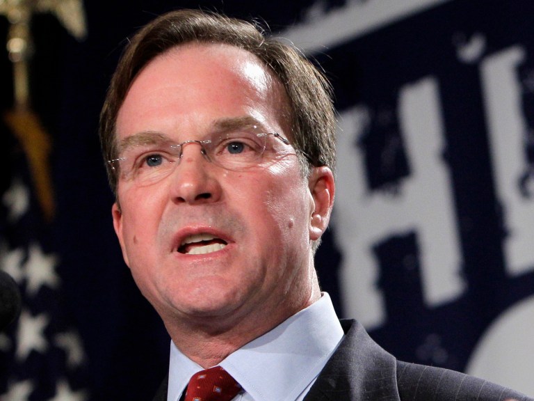 FILE - In this Nov. 2, 2010, file photo then-Michigan Attorney General-elect Bill Schuette speaks in Detroit. After the Supreme Court ruled a decade ago that race could be a factor in college admissions in a Michigan case, affirmative action opponents persuaded the state's voters to outlaw any consideration of race. Now, the high court is weighing whether that change to Michigan's constitution is itself discriminatory. ( AP Photo/Carlos Osorio, File)