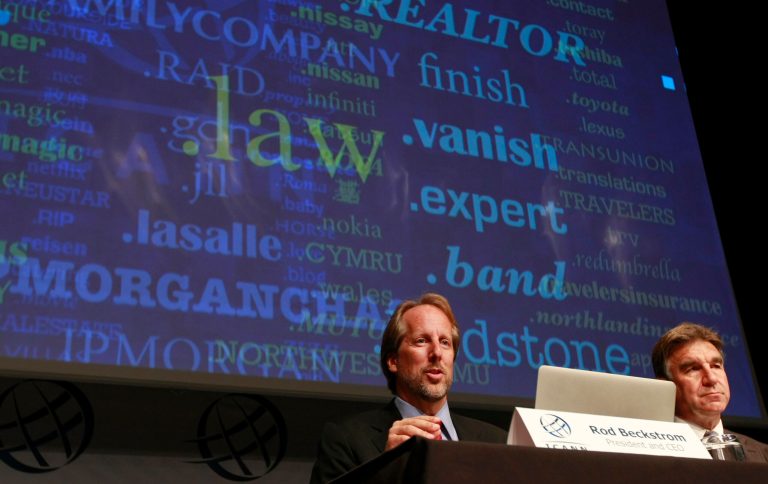   Internet Corporation for Assigned Names and Numbers, ICANN, President and Chief Executive Rod Beckstrom, left, and Kurt Pritz, Senior Vice President speaks on expanding the number of domain name suffixes during a press conference, London, Wednesday June 13, 2012. Proposals for Internet addresses ending in 