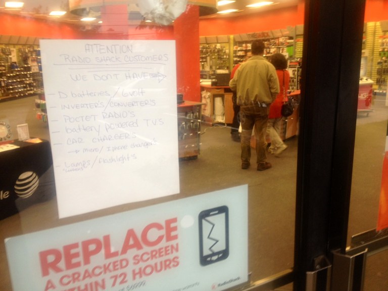 A sign on the window of the Radio Shack on Rockville Pike lists items the store has sold out of. (Liz Farmer/Examiner)
