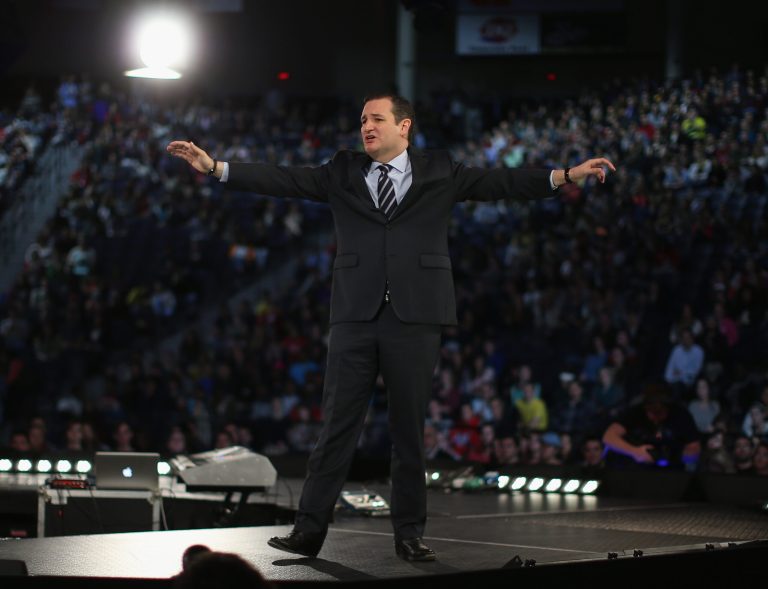 Sen. Ted Cruz speaks to a crowd gathered at Liberty University to announce his presidential candidacy March 23, 2015 in Lynchburg, Va. Cruz officially announced his 2016 presidential campaign for the President of the United States during the event. (Photo by Mark Wilson/Getty Images)