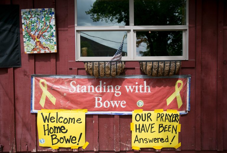 Signs celebrating U.S. Army Sgt. Bowe Bergdahl's release hang on the front of Zaney's coffee shop in Hailey, Idaho, his hometown, on Saturday. Bergdahl, 28, had been held prisoner by the Taliban since June 30, 2009. (AP/The Idaho Statesman, Kyle Green)