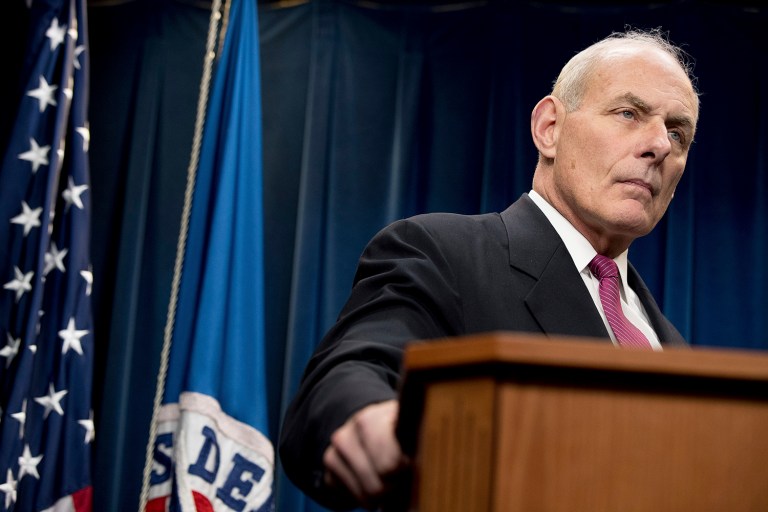 Homeland Security Secretary John Kelly pauses while speaking at a news conference at the U.S. Customs and Border Protection headquarters in Washington, Tuesday, Jan. 31, 2017, to discuss the operational implementation of the president's executive orders. (AP Photo/Andrew Harnik)