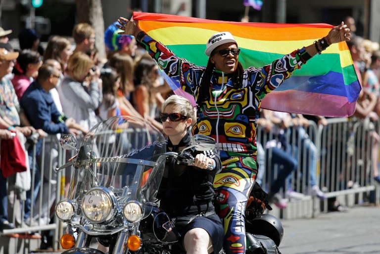 Members of the Dykes on Bikes motorcycle group lead off the 44th annual San Francisco Gay Pride parade Sunday, June 29, 2014, in San Francisco. The lesbian, gay, bisexual, and transgender celebration and parade is one of the largest LGBT gatherings in the nation. (AP Photo/Eric Risberg)
