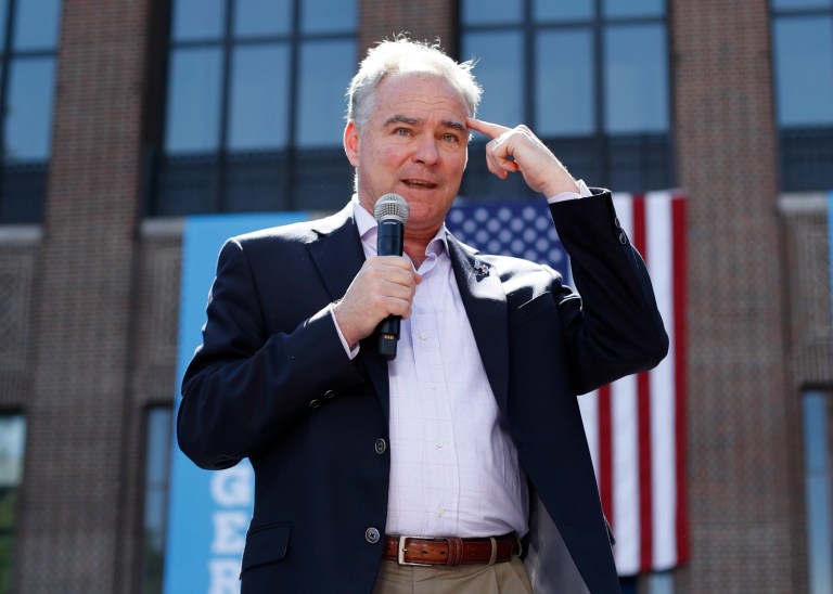 Democratic vice presidential candidate Sen. Tim Kaine, D-Va., mocked Donald Trump Thursday for suggesting earlier this year he'd back out of doing the presidential debates because of scheduling overlaps with football games. (AP Photo/Paul Sancya)