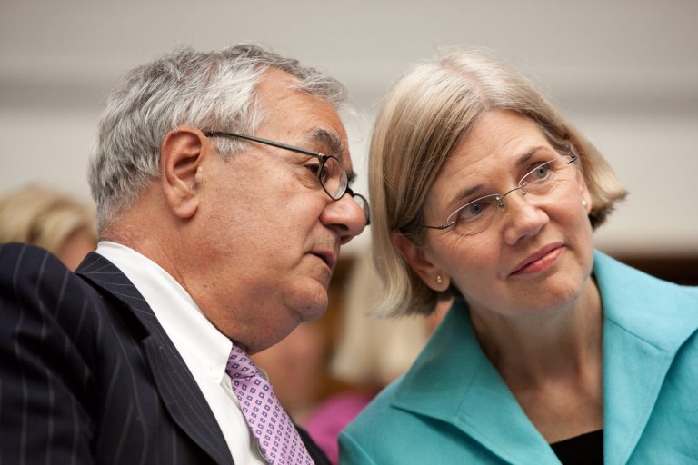 Barney Frank talks with Elizabeth Warren during a hearing on Capitol Hill on July 22, 2009 in Washington. (Photo by Brendan Hoffman/Getty images)