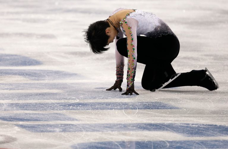 Yuzuru Hanyu of Japan competes in the men's free skate figure skating final at the Iceberg Skating Palace during the 2014 Winter Olympics, Friday, Feb. 14, 2014, in Sochi, Russia. (AP Photo/Darron Cummings)