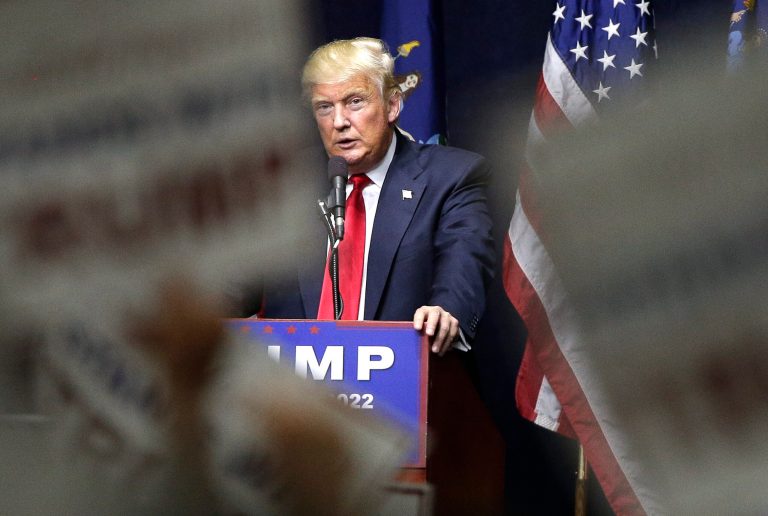 Republican presidential candidate Donald Trump speaks during a campaign rally, Wednesday, April 6, 2016, in Bethpage, N.Y. (AP Photo/Julie Jacobson)