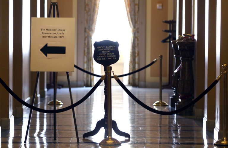 A hallway is closed on the House side on Capitol Hill in Washington, Thursday, July 10, 2014, because of an industrial spill involving ongoing asbestos abatement work. (AP Photo/Lauren Victoria Burke)