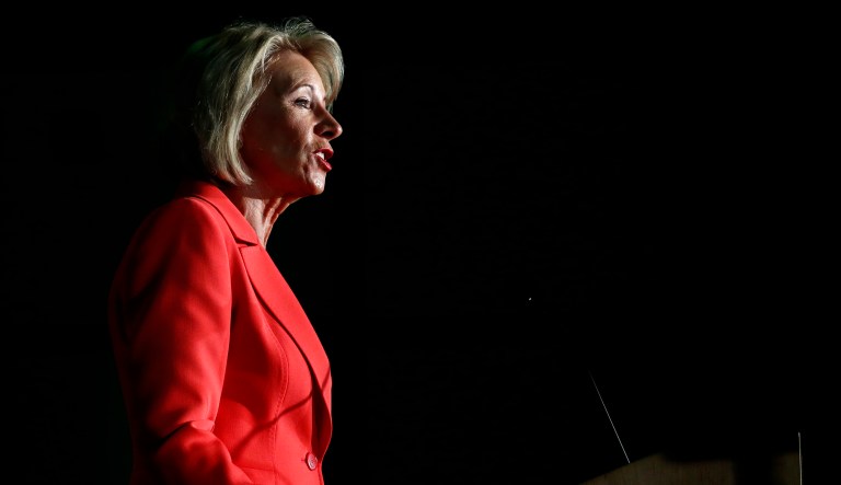 Education Secretary Betsy DeVos speaks Thursday, Sept. 7, 2017, at George Mason University Arlington, Va., campus. DeVos on declared that 