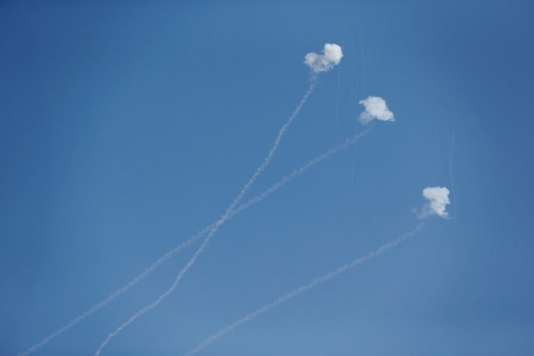 Three Iron Dome rockets explode to intercept rockets launched from the Gaza Strip by Palestinians militants, as seen from the Israel Gaza border, southern Israel, Thursday. (AP/Lefteris Pitarakis)