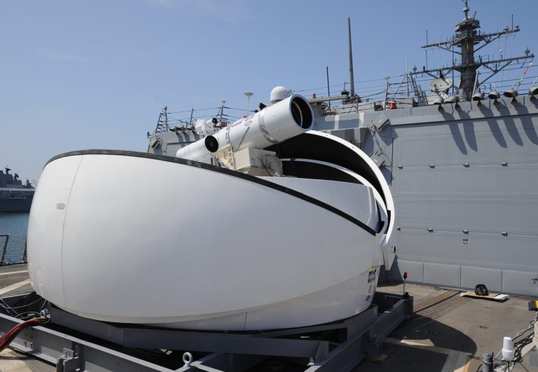 The Laser Weapon System (LaWS) in July 2012, when it was installed aboard the guided-missile destroyer USS Dewey. (U.S. Navy)