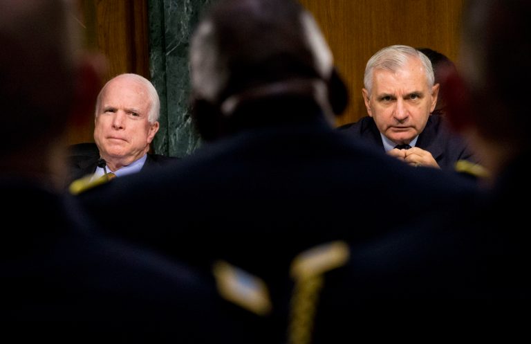 Armed Services Committee Chairman Sen. John McCain, R-Ariz., left, and the committee's ranking member, Sen. Jack Reed, D-R.I., right, question U.S. Central Command Commander Gen. Lloyd Austin, on U.S. military operations in Syria. (AP Photo/Pablo Martinez Monsivais)